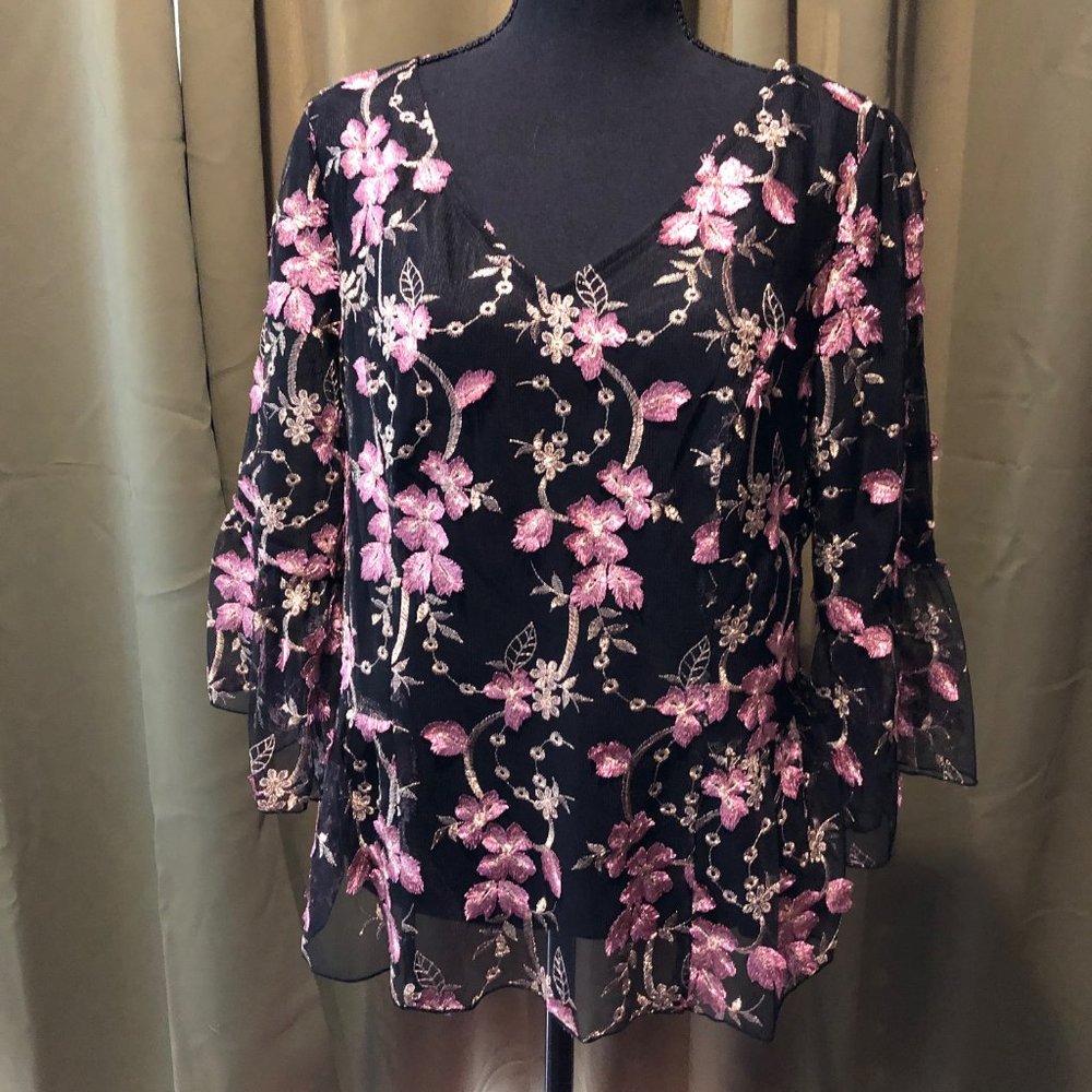 Alex Evenings Formal Top. Pink, silver and gold shot embroidery on black. Large